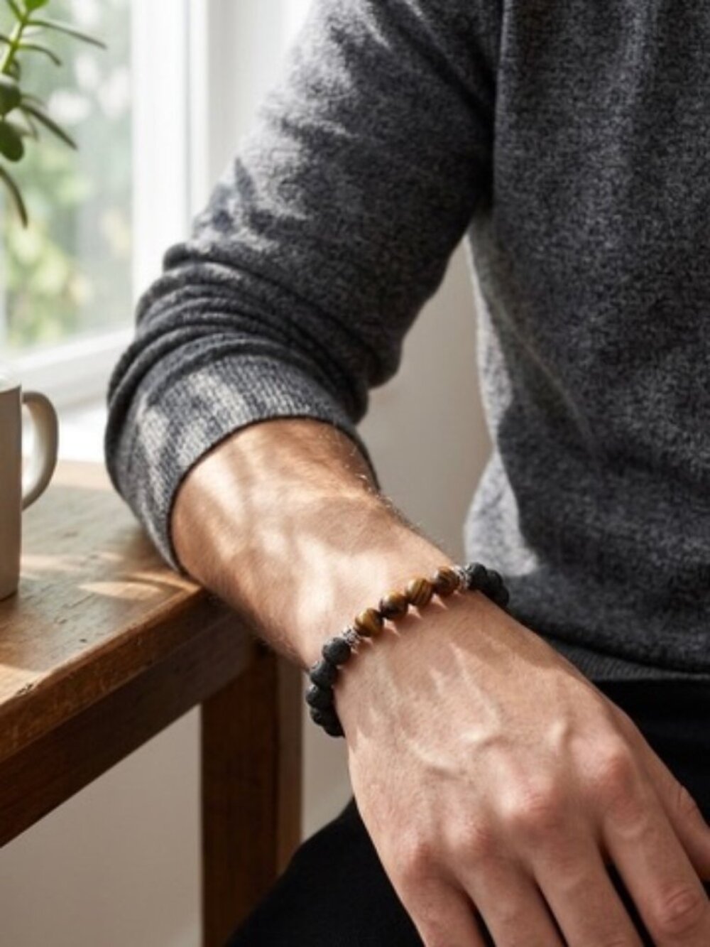 Men’s 10mm Lava Rock & Patikan Wood Stretch Bracelet (FL1131)